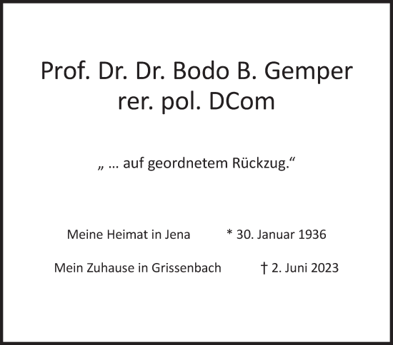 Traueranzeige von Bodo B. Gemper von Siegener Zeitung