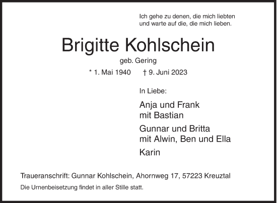 Traueranzeige von Brigitte Kohlschein von Siegener Zeitung