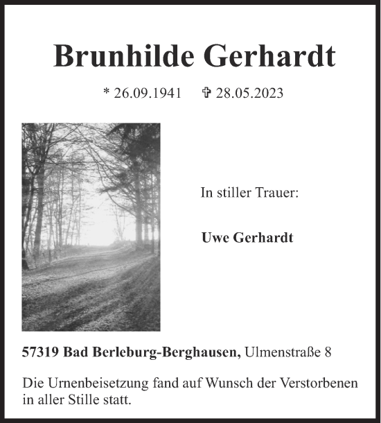 Traueranzeige von Brunhilde Gerhardt von Siegener Zeitung