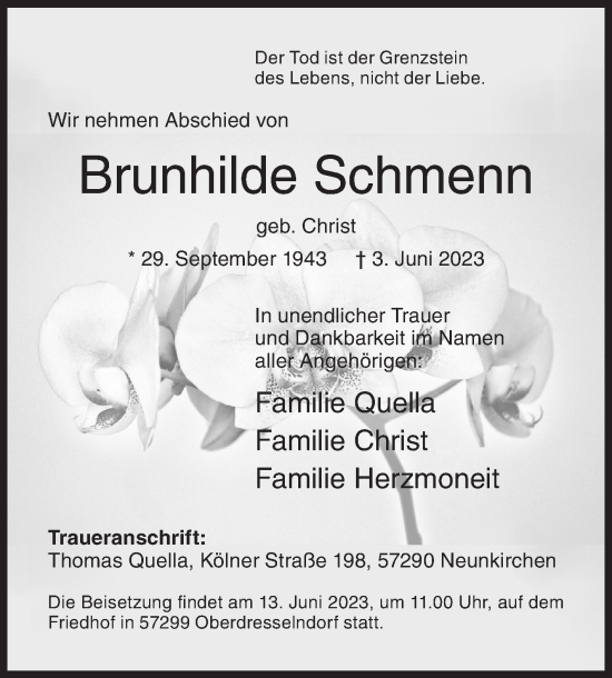 Traueranzeige von Brunhilde Schmenn von Siegener Zeitung