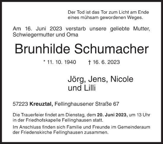 Traueranzeige von Brunhilde Schumacher von Siegener Zeitung