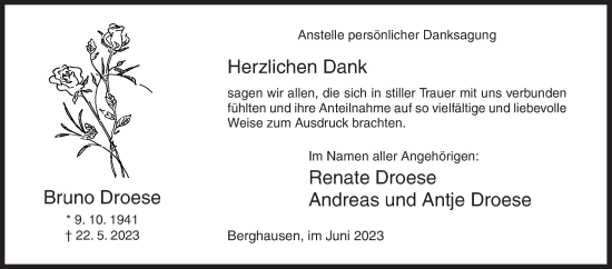 Traueranzeige von Bruno Droese von Siegener Zeitung