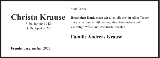 Traueranzeige von Christa Krause von Siegener Zeitung