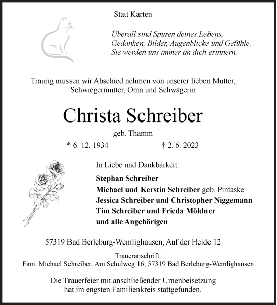 Traueranzeige von Christa Schreiber von Siegener Zeitung