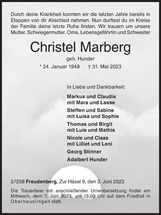 Traueranzeige von Christel Marberg von Siegener Zeitung
