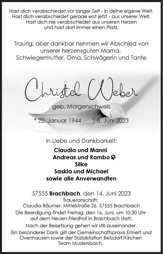 Traueranzeige von Christel Weber von Siegener Zeitung