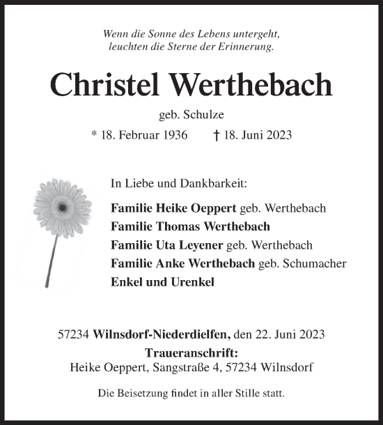 Traueranzeige von Christel Werthebach von Siegener Zeitung