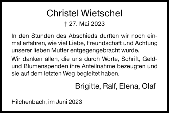 Traueranzeige von Christel Wietschel von Siegener Zeitung