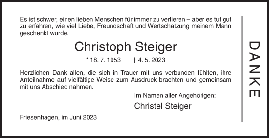 Traueranzeige von Christoph Steiger von Siegener Zeitung