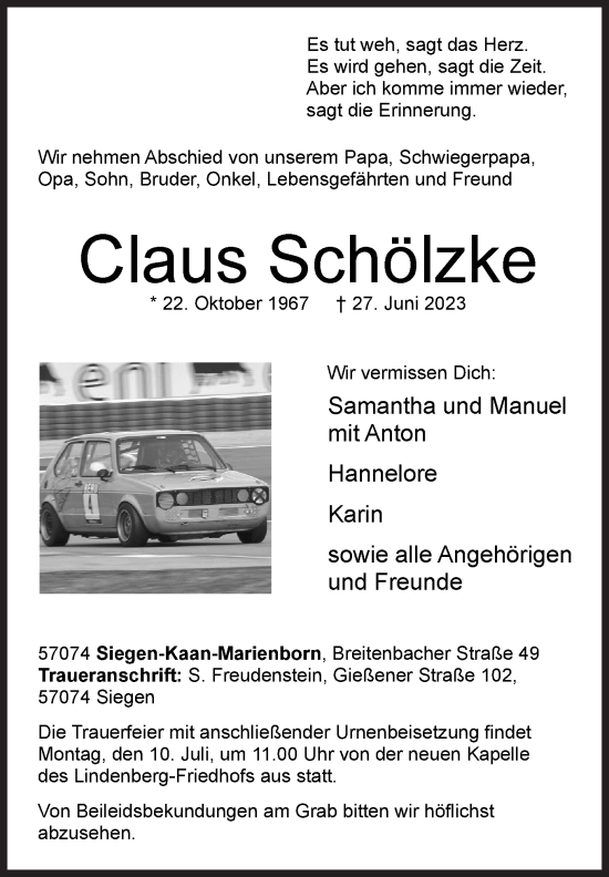 Traueranzeige von Claus Schölzke von Siegener Zeitung