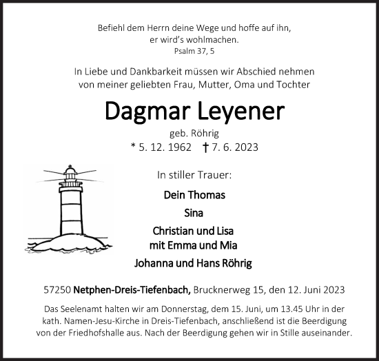 Traueranzeige von Dagmar Leyener von Siegener Zeitung