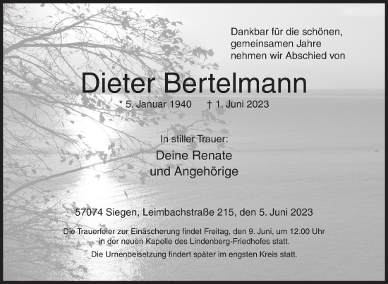 Traueranzeige von Dieter Bertelmann von Siegener Zeitung