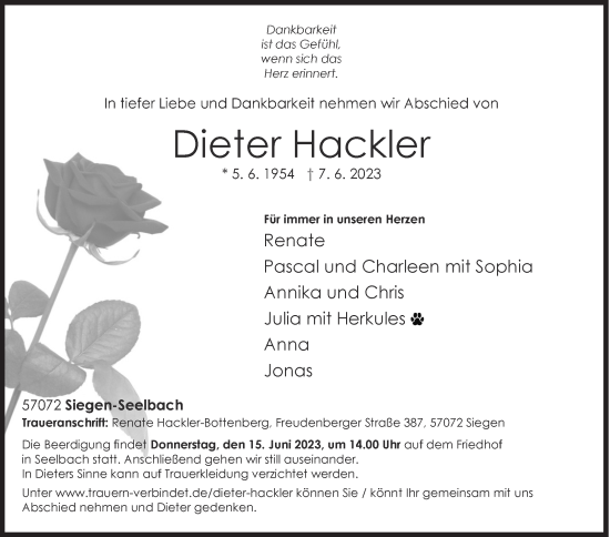Traueranzeige von Dieter Hackler von Siegener Zeitung