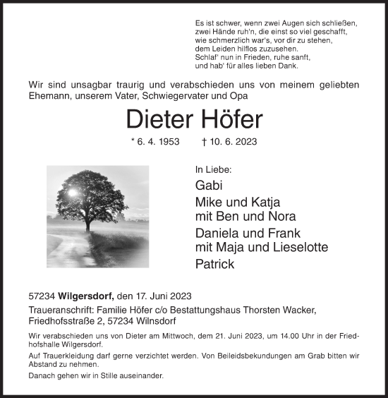 Traueranzeige von Dieter Höfer von Siegener Zeitung