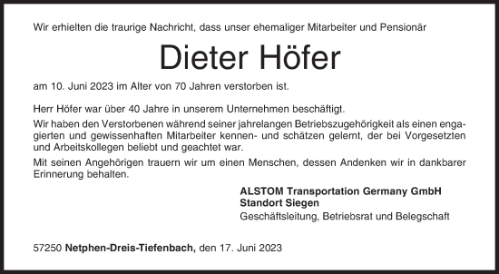 Traueranzeige von Dieter Höfer von Siegener Zeitung
