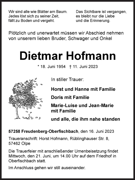 Traueranzeige von Dietmar Hofmann von Siegener Zeitung