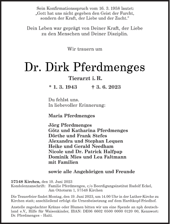 Traueranzeige von Dirk Pferdmenges von Siegener Zeitung