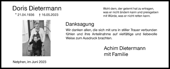 Traueranzeige von Doris Dietermann von Siegener Zeitung