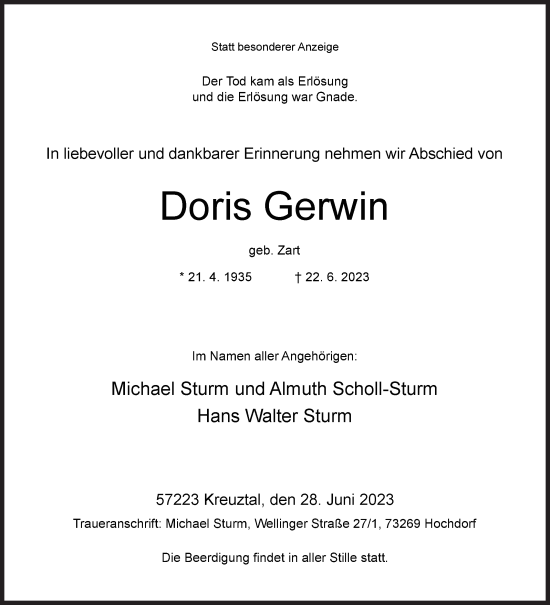 Traueranzeige von Doris Gerwin von Siegener Zeitung
