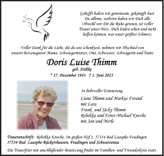 Traueranzeige von Doris Luise Thimm von Siegener Zeitung