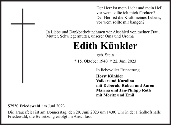 Traueranzeige von Edith Künkler von Siegener Zeitung