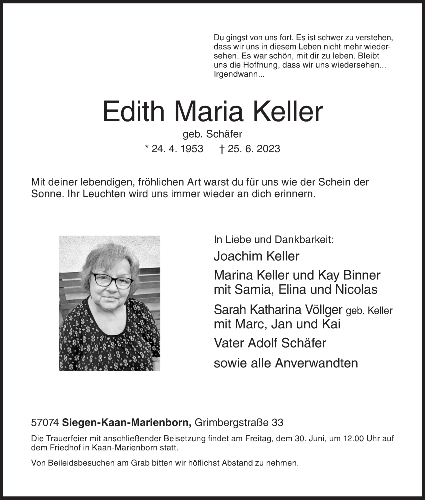  Traueranzeige für Edith Maria Keller vom 28.06.2023 aus Siegener Zeitung