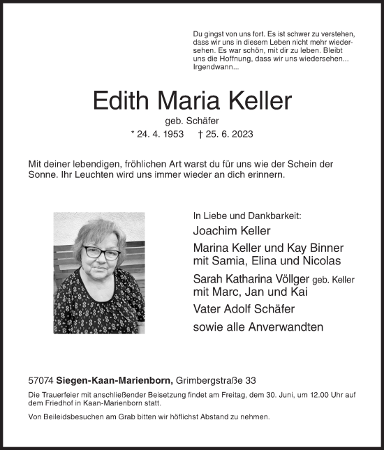Traueranzeige von Edith Maria Keller von Siegener Zeitung