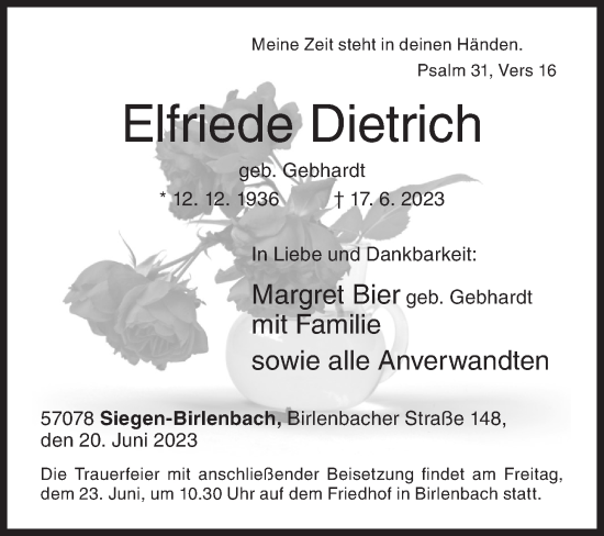 Traueranzeige von Elfriede Dietrich von Siegener Zeitung