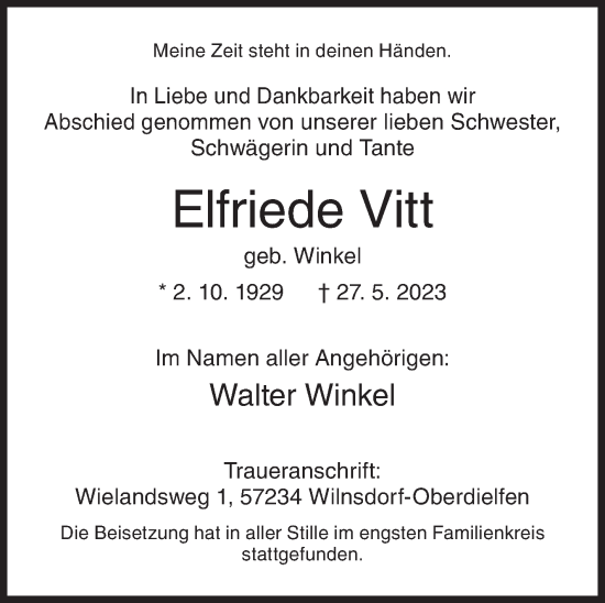 Traueranzeige von Elfriede Vitt von Siegener Zeitung