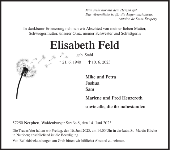 Traueranzeige von Elisabeth Feld von Siegener Zeitung