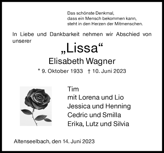 Traueranzeige von Elisabeth Wagner von Siegener Zeitung