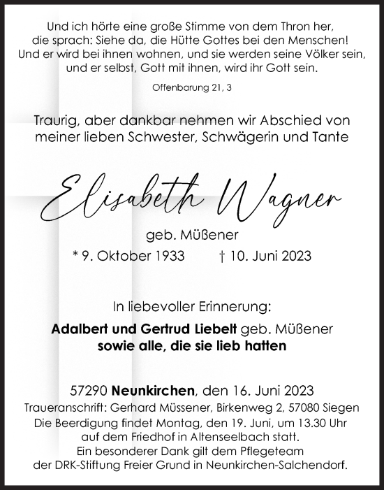 Traueranzeige von Elisabeth Wagner von Siegener Zeitung