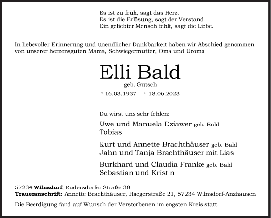 Traueranzeige von Elli Bald von Siegener Zeitung