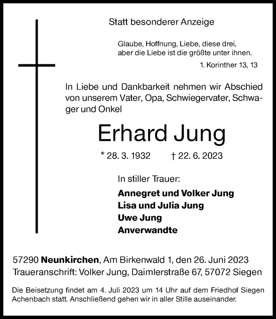 Traueranzeige von Erhard Jung von Siegener Zeitung