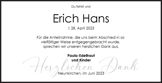 Traueranzeige von Erich Hans von Siegener Zeitung