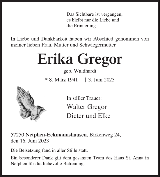 Traueranzeige von Erika Gregor von Siegener Zeitung