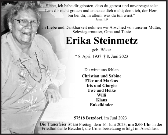 Traueranzeige von Erika Steinmetz von Siegener Zeitung