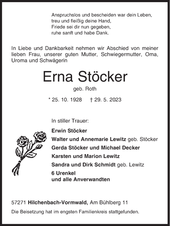 Traueranzeige von Erna Stöcker von Siegener Zeitung