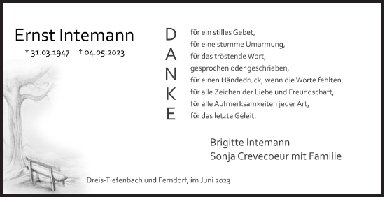 Traueranzeige von Ernst Intemann von Siegener Zeitung