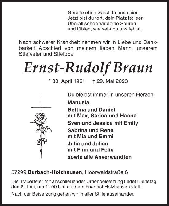 Traueranzeige von Ernst-Rudolf Braun von Siegener Zeitung