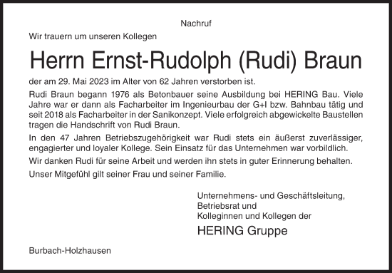 Traueranzeige von Ernst-Rudolph Braun von Siegener Zeitung