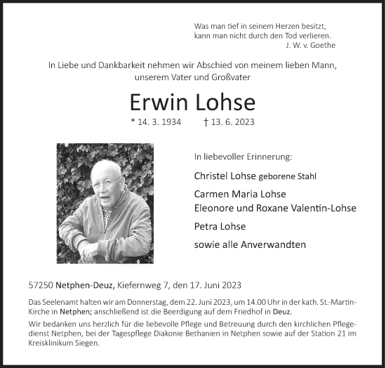 Traueranzeige von Erwin Lohse von Siegener Zeitung