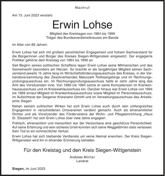Traueranzeige von Erwin Lohse von Siegener Zeitung
