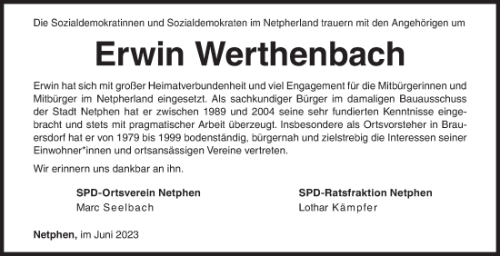 Traueranzeige von Erwin Werthenbach von Siegener Zeitung
