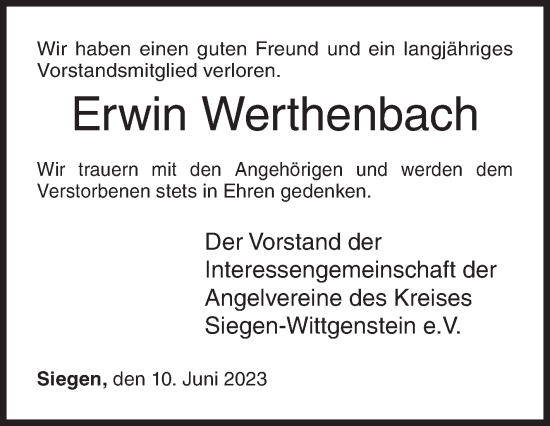 Traueranzeige von Erwin Werthenbach von Siegener Zeitung