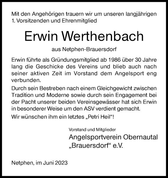 Traueranzeige von Erwin Werthenbach von Siegener Zeitung