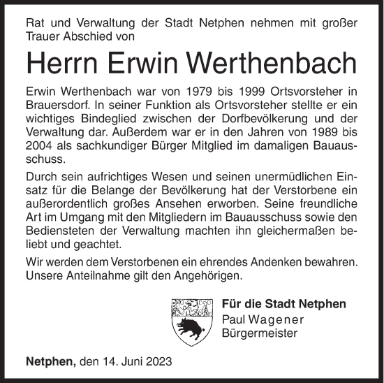 Traueranzeige von Erwin Werthenbach von Siegener Zeitung