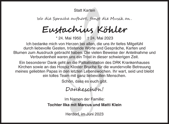 Traueranzeige von Eustachius Köhler von Siegener Zeitung