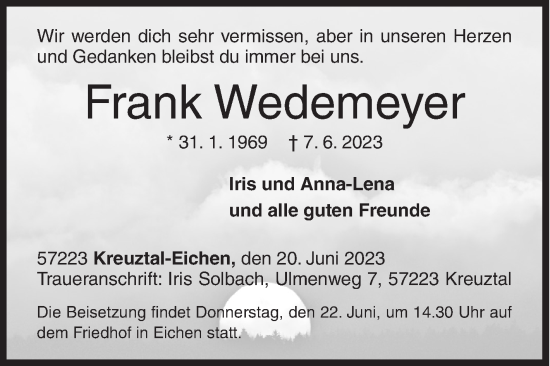 Traueranzeige von Frank Wedemeyer von Siegener Zeitung