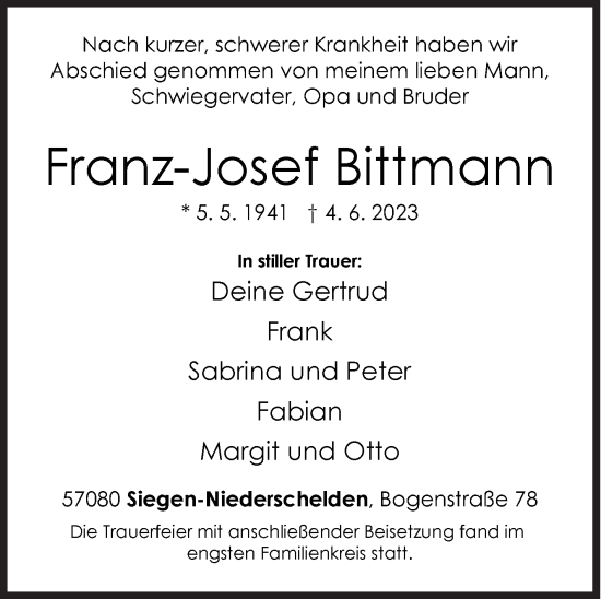 Traueranzeige von Franz-Josef Bittmann von Siegener Zeitung
